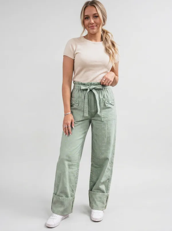Women's Sage Green Polka Dot Bow Pocket Printed Trousers