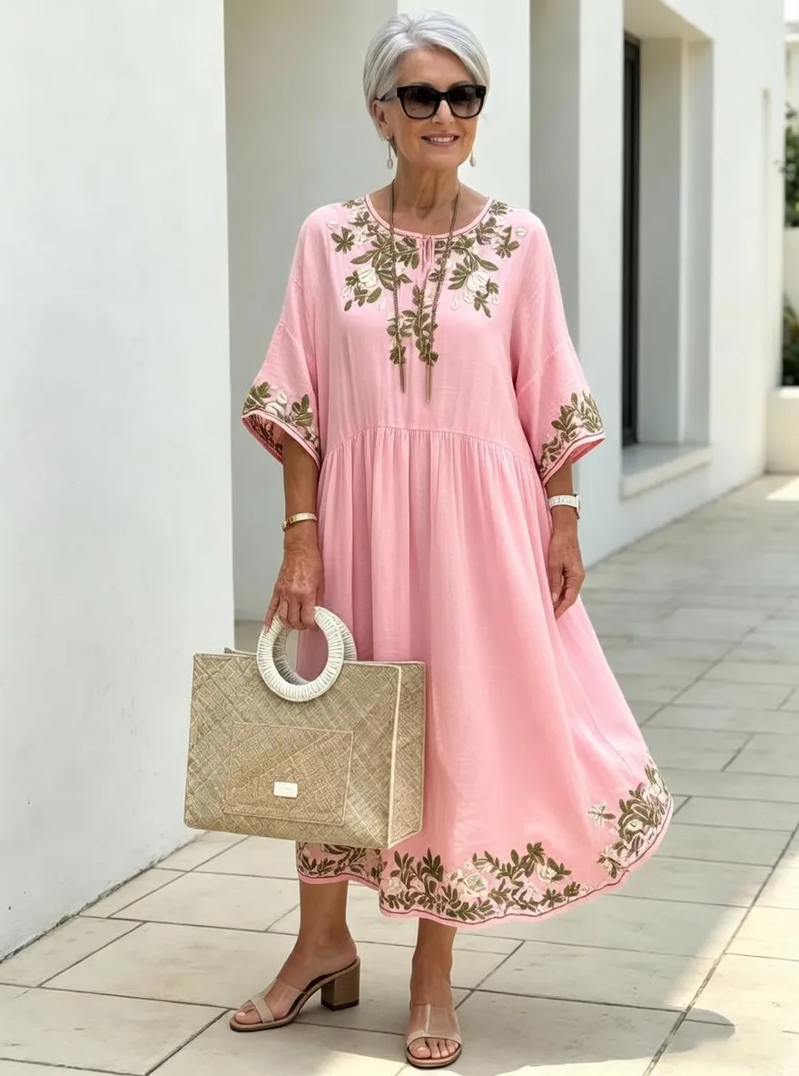 Women's Summer Vacation Floral Embroidered Linen Printed Dress