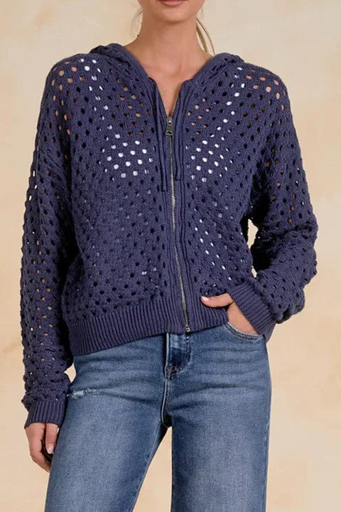 Navy Crochet Zip-Up Hooded Top