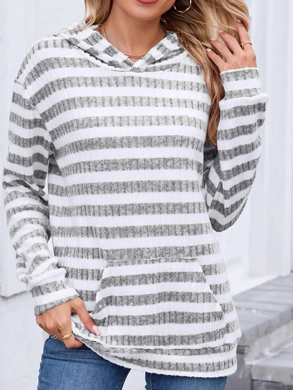 Kangaroo-Pocket Ribbed Knit Striped Hoodie