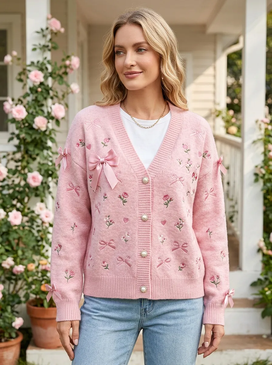Women's Floral Embroidered Ribbon Bow Printed Cardigan