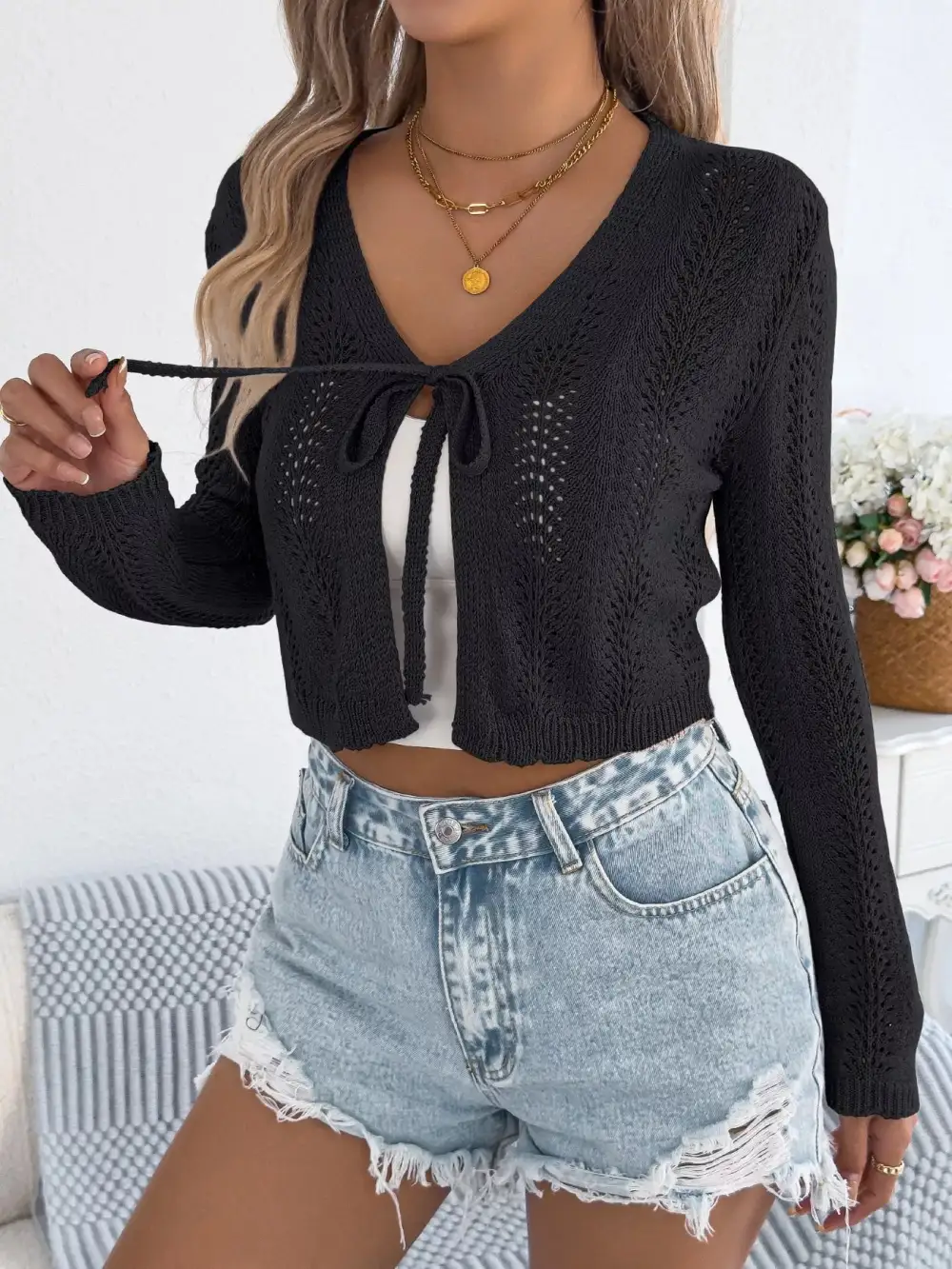 Crochet Knit Tie Front Cropped Cardigan