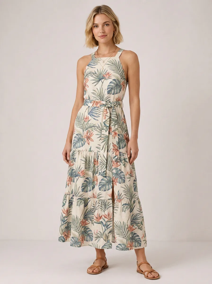 Women's Tropical Vacation Botanical Leaf Printed Maxi Dress