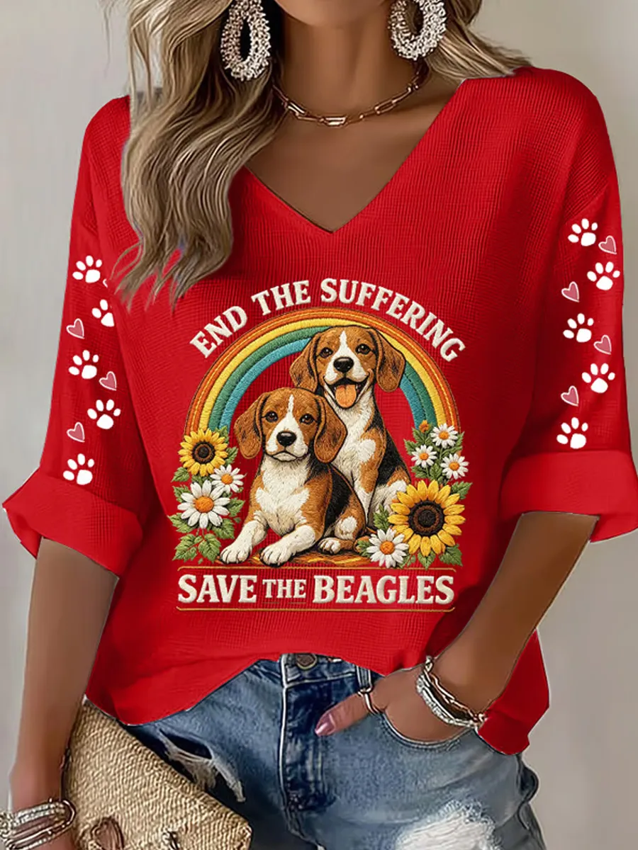 Women's End The Suffering Save The Beagles Print V Neck Top
