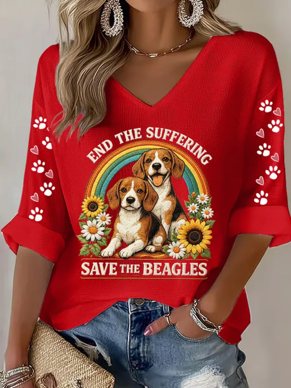 Women's End The Suffering Save The Beagles Print V Neck Top