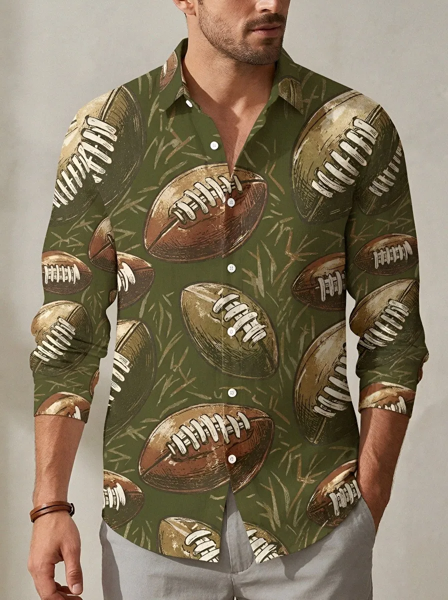 Men's American Football Lover Vintage Ball Printed Long Sleeve Shirt