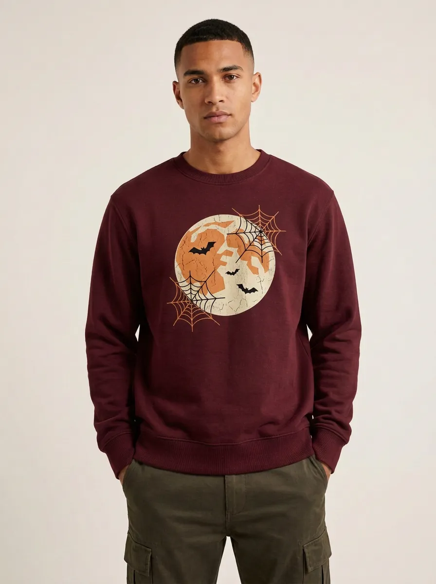 Men's Halloween Moon Bat Spiderweb Sweatshirt
