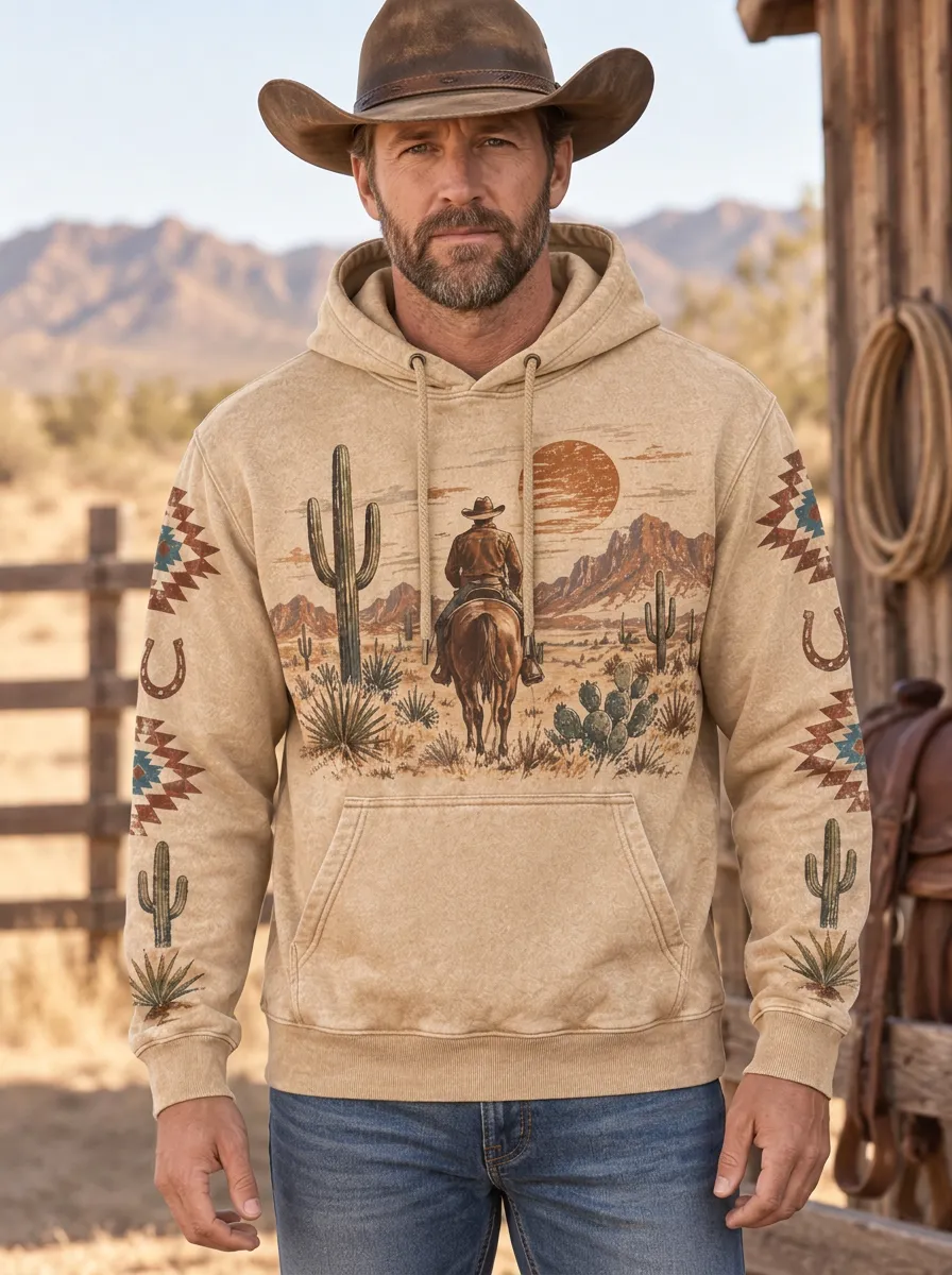 Men's Vintage Inspired Western Cowboy Cactus Desert Graphic Hoodie