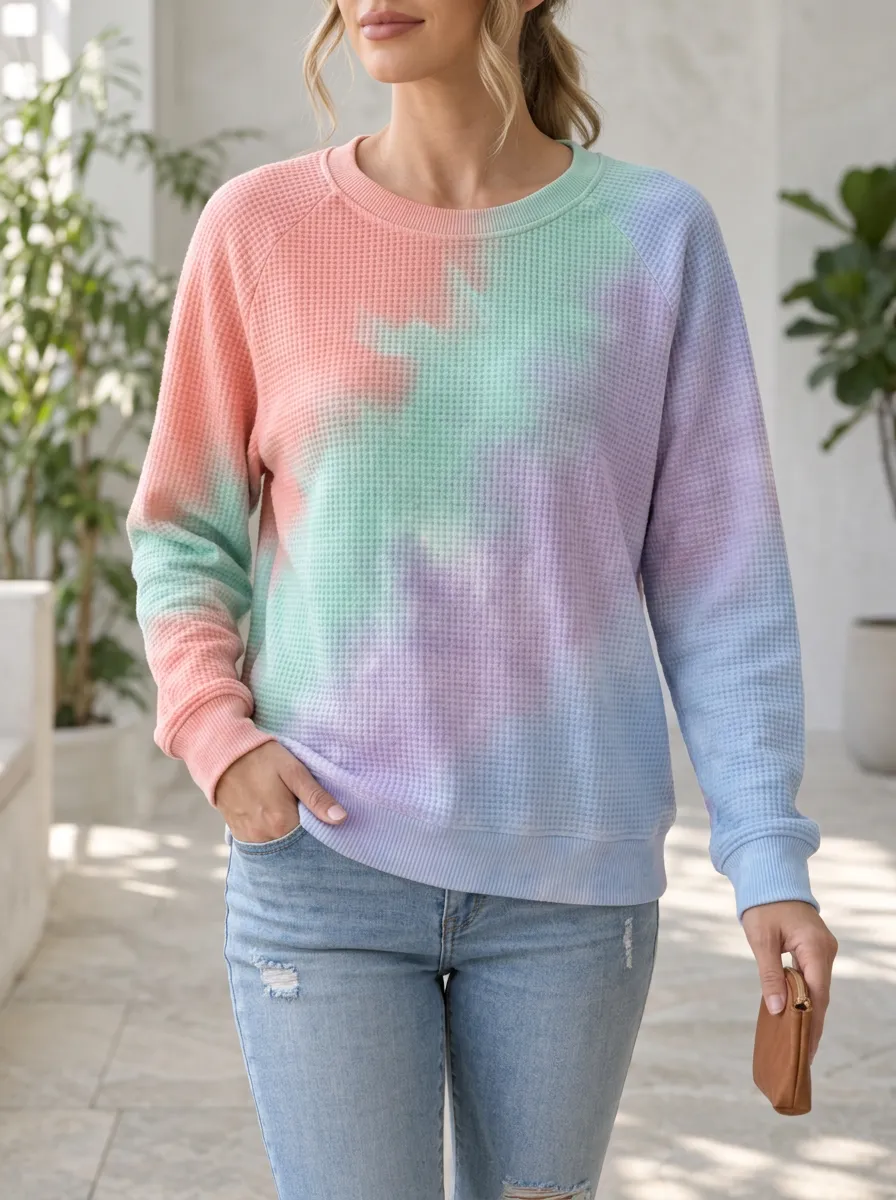 Women's Pastel Tie Dye Waffle Knit Weekend Crewneck Sweatshirt