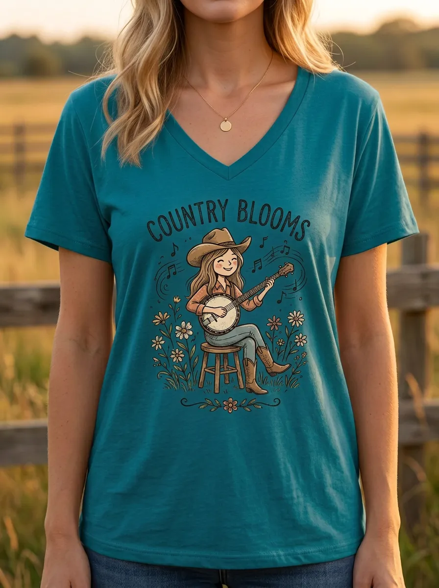 Heritage Banjo Floral Women's Country Music V-Neck T-Shirt