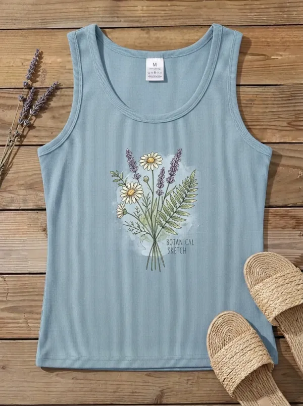 Women's Botanical Flower Lavender Daisy Printed Ribbed Tank Top