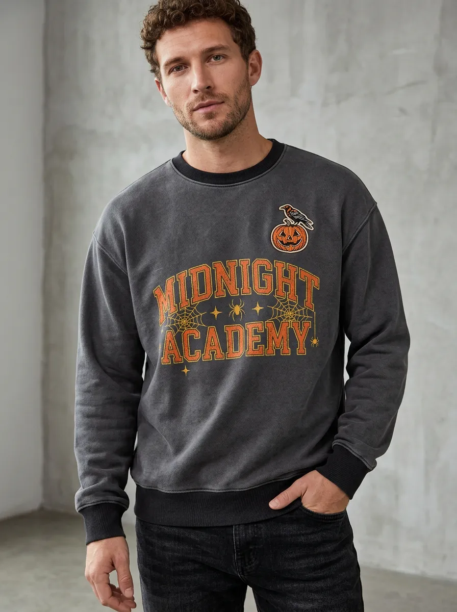 Men's Halloween Midnight Academy Pumpkin Raven Sweatshirt