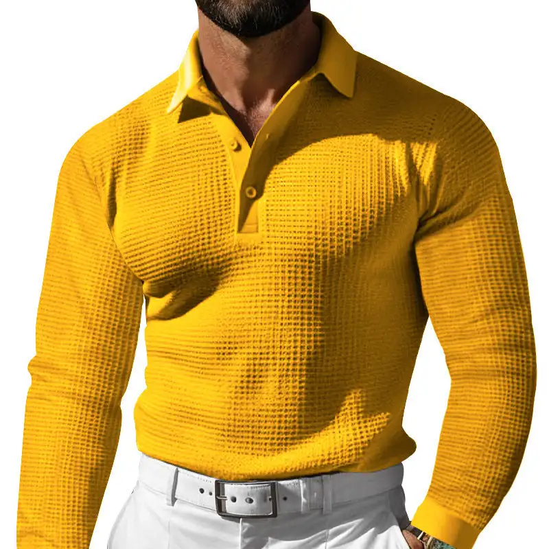 Waffle Texture Button Placket Long Sleeve Slim Fit Polo Shirt