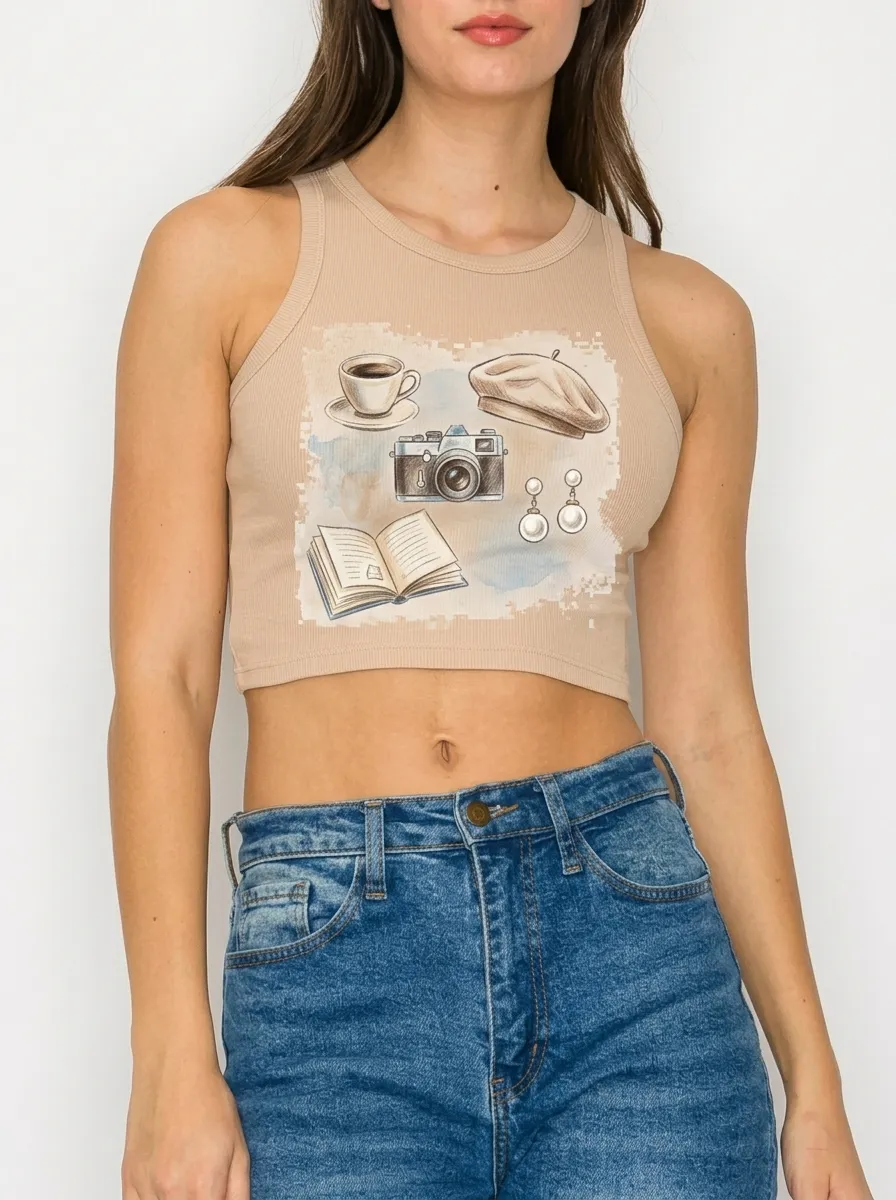 Women's Aesthetic Hobby Camera Book Coffee Printed Crop Top