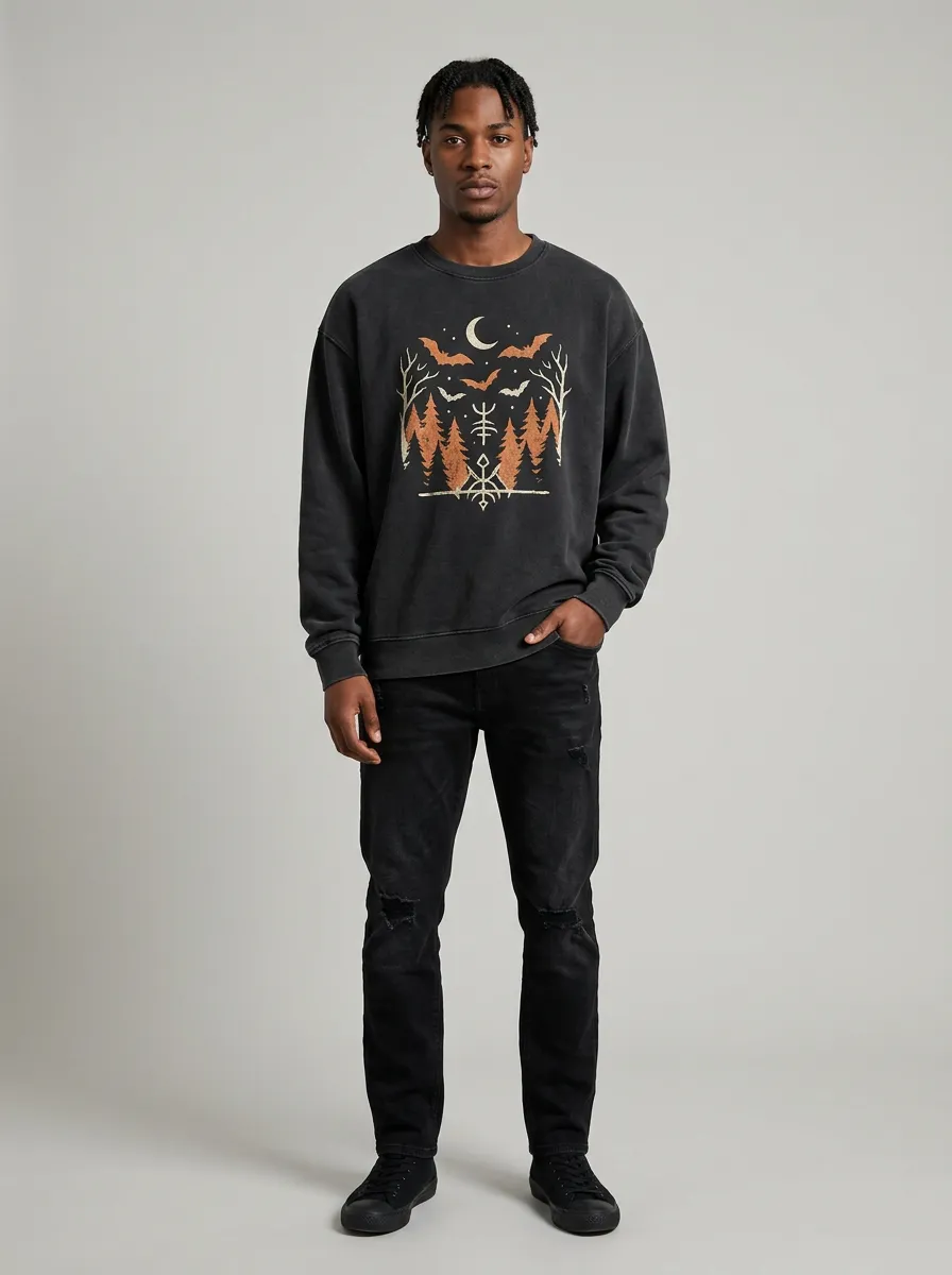 Men's Halloween Moon Bat Forest Rune Sweatshirt