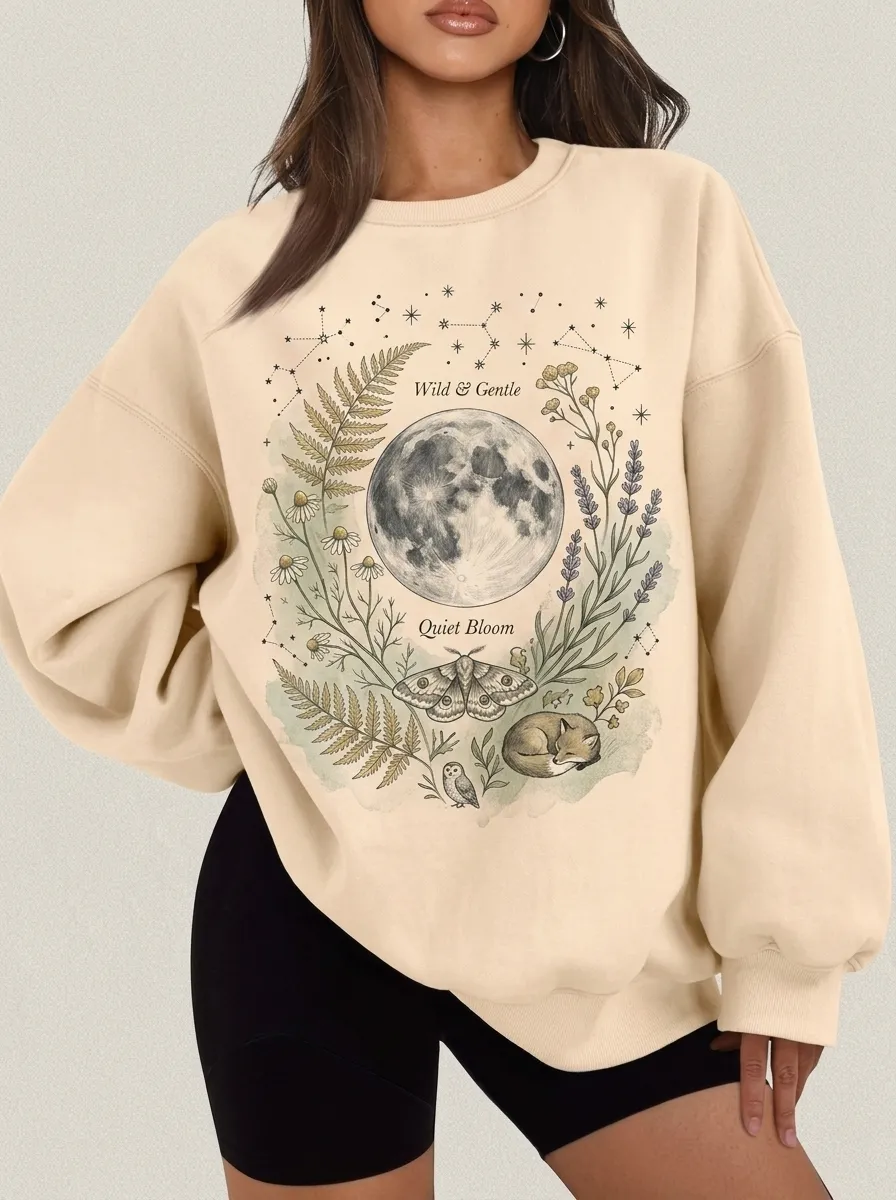 Women's Celestial Nature Lover Moon Moth Fox Printed Sweatshirt
