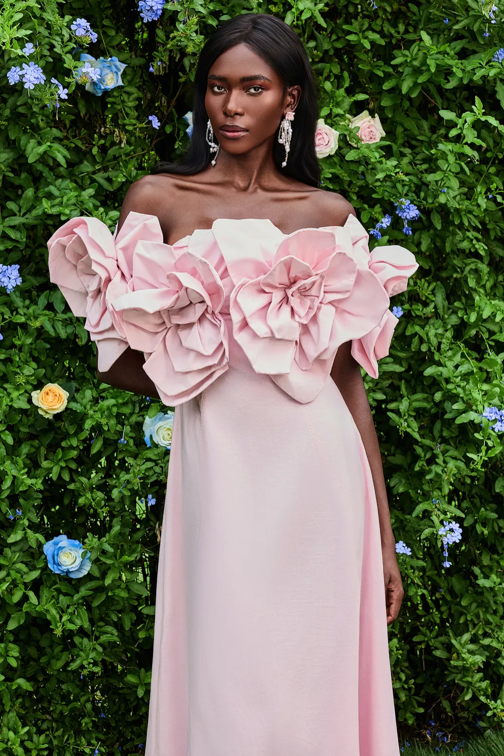 3D Flower Solid Off-Shoulder Midi Dress
