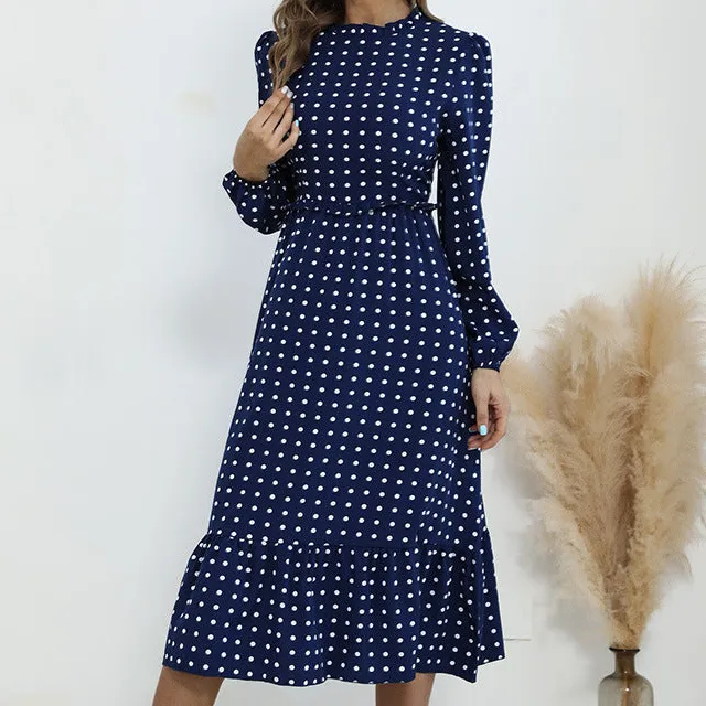 Women's Long-Sleeve Polka-Dot Ruffled Evening Maxi Dress