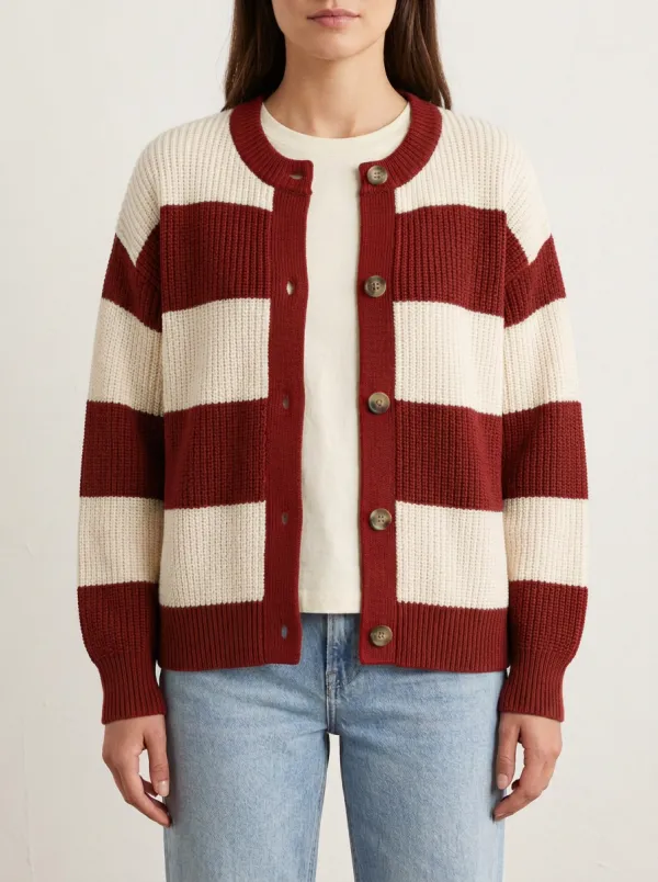 Relaxed Rugby Striped Button Front Knit Cardigan