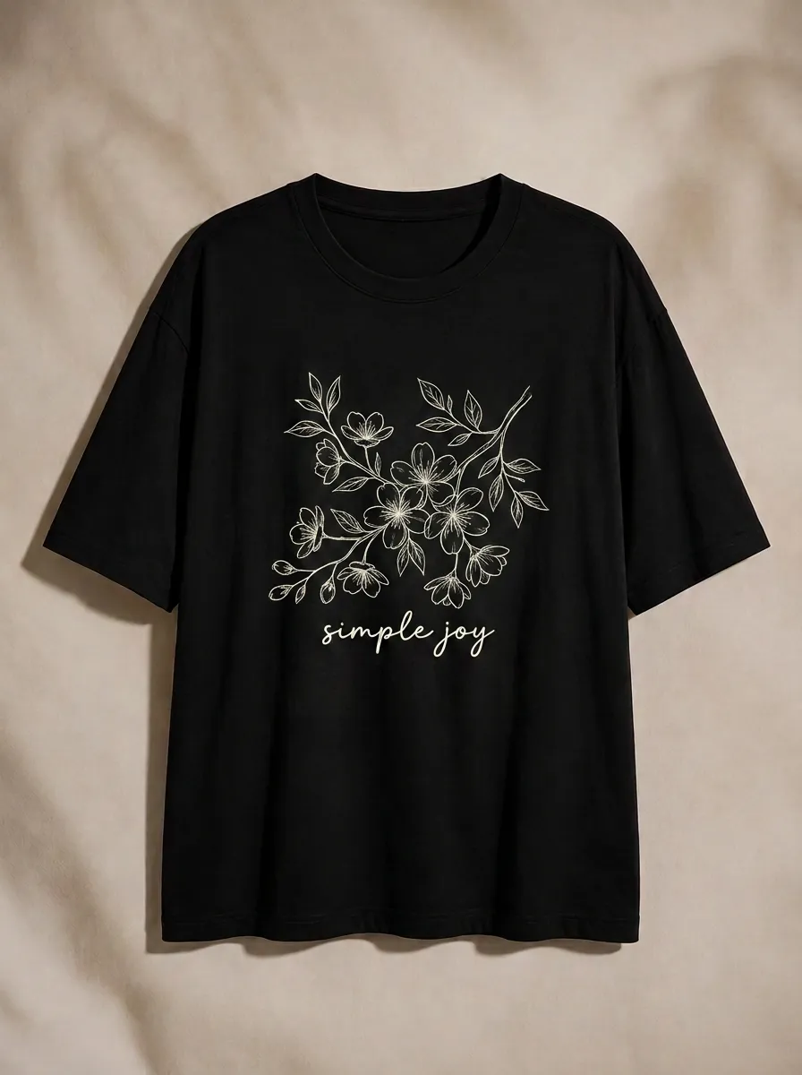 Women's Simple Joy Floral Botanical Line Art Printed T-shirt