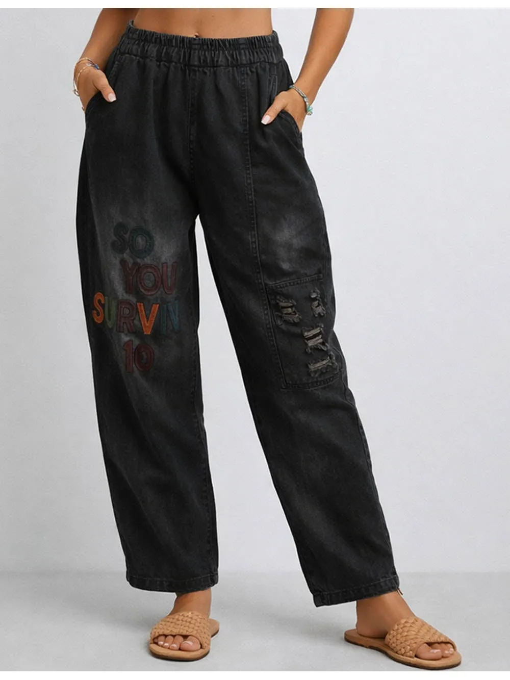 Letter Elastic Waist Distressed Barrel Leg Denim Pants