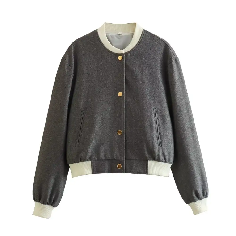 Varsity Cropped Snap Front Bomber Jacket