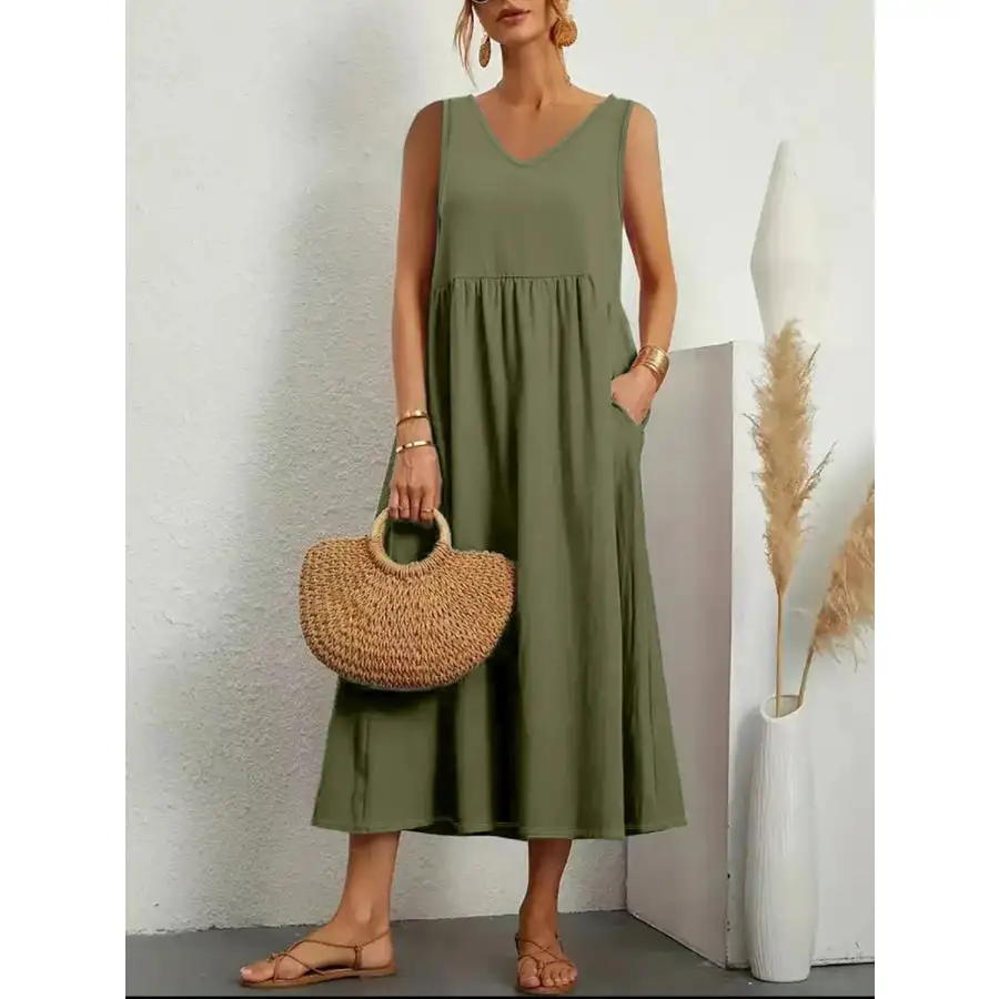 Full Size Pocketed V-Neck Sleeveless Midi Dress Plus Size
