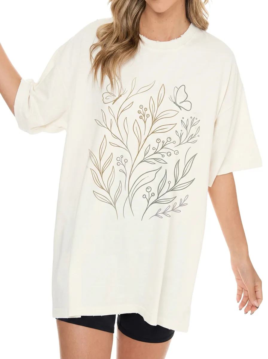 Women's Botanical Butterfly Nature Lover Printed T-shirt