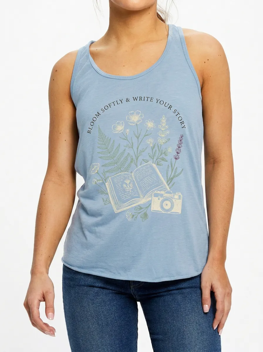 Women's Book Lover Floral Camera Printed Tank Top