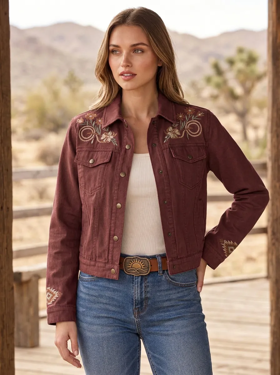 Women's Classic Western Floral Embroidery Floral Embroidered Denim Jacket