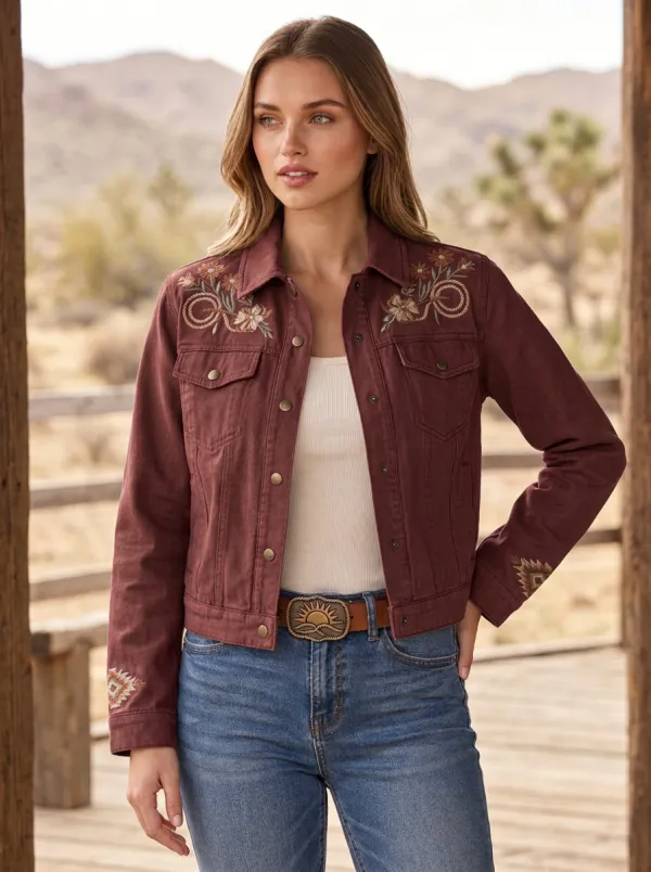 Women's Classic Western Floral Embroidery Floral Embroidered Denim Jacket