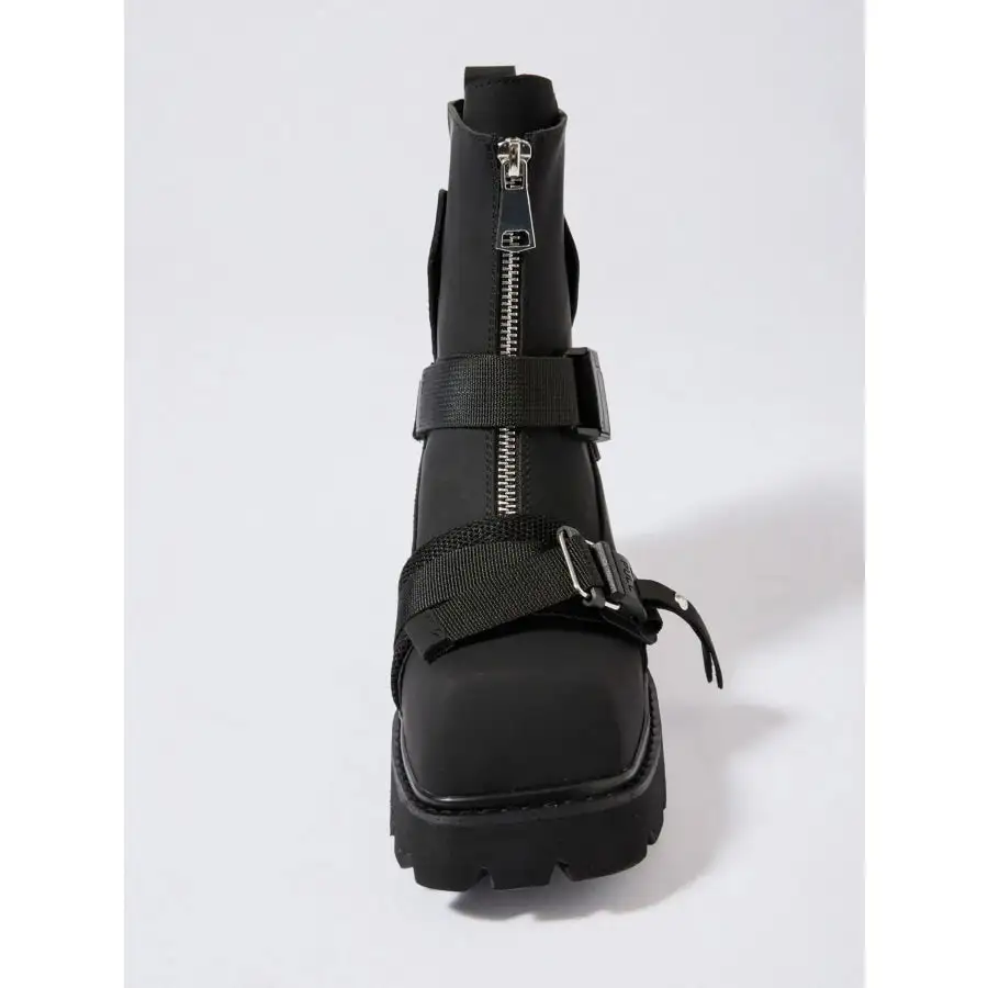 Chunky Platform Boots with Buckle Straps and Front Zip