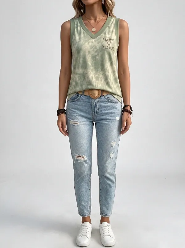 Women's Western Cowboy Skull Wild West Printed Tie-Dye Tank Top