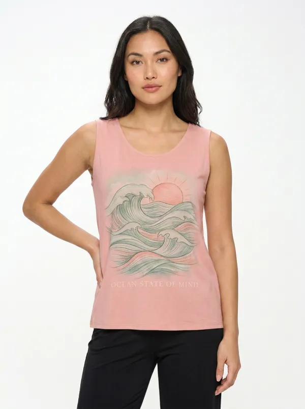 Women's Ocean Lover Sunset Wave Printed Tank Top