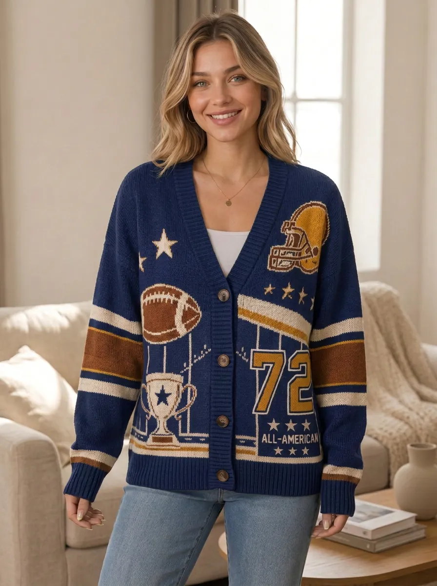 Women's Classic Vintage Inspired Helmet Football Trophy Knitted Cardigan