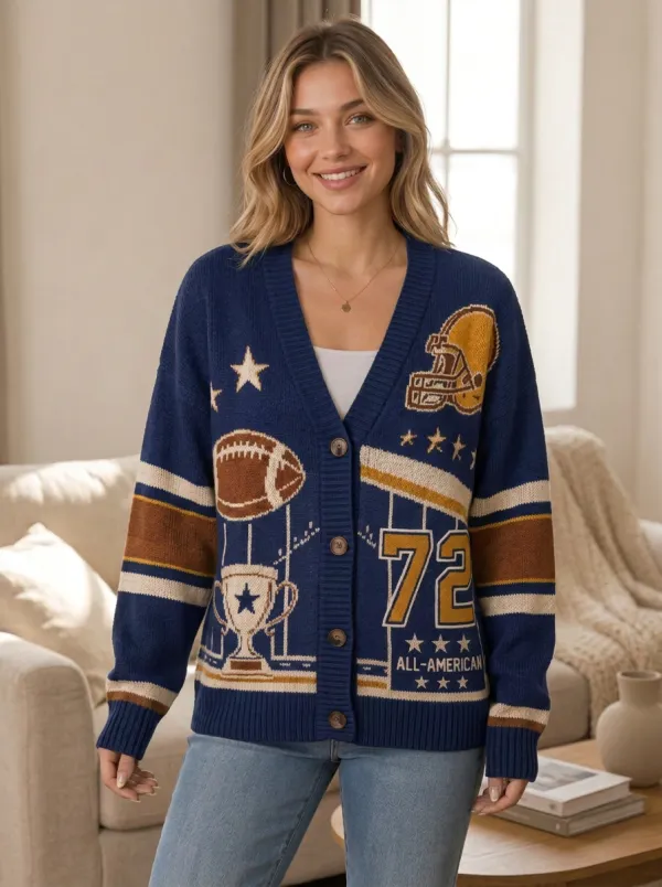 Women's Classic Vintage Inspired Helmet Football Trophy Knitted Cardigan