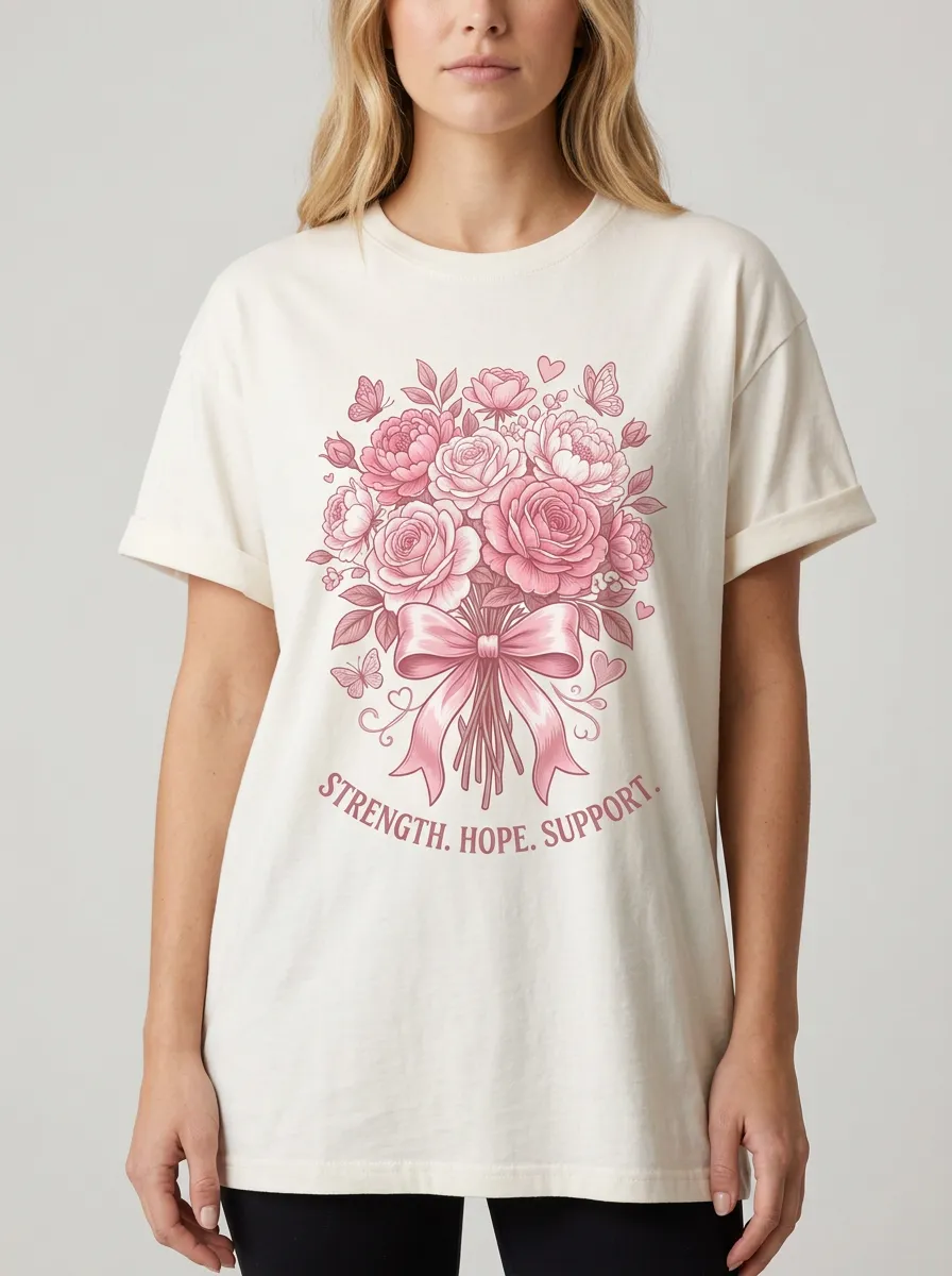 Women's Breast Cancer Awareness Pink Floral Bow Printed T-shirt