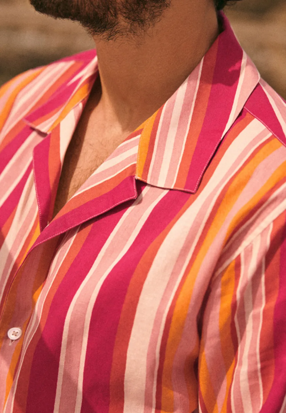Pink Orange Stripe Print Short Sleeve Camp Shirt