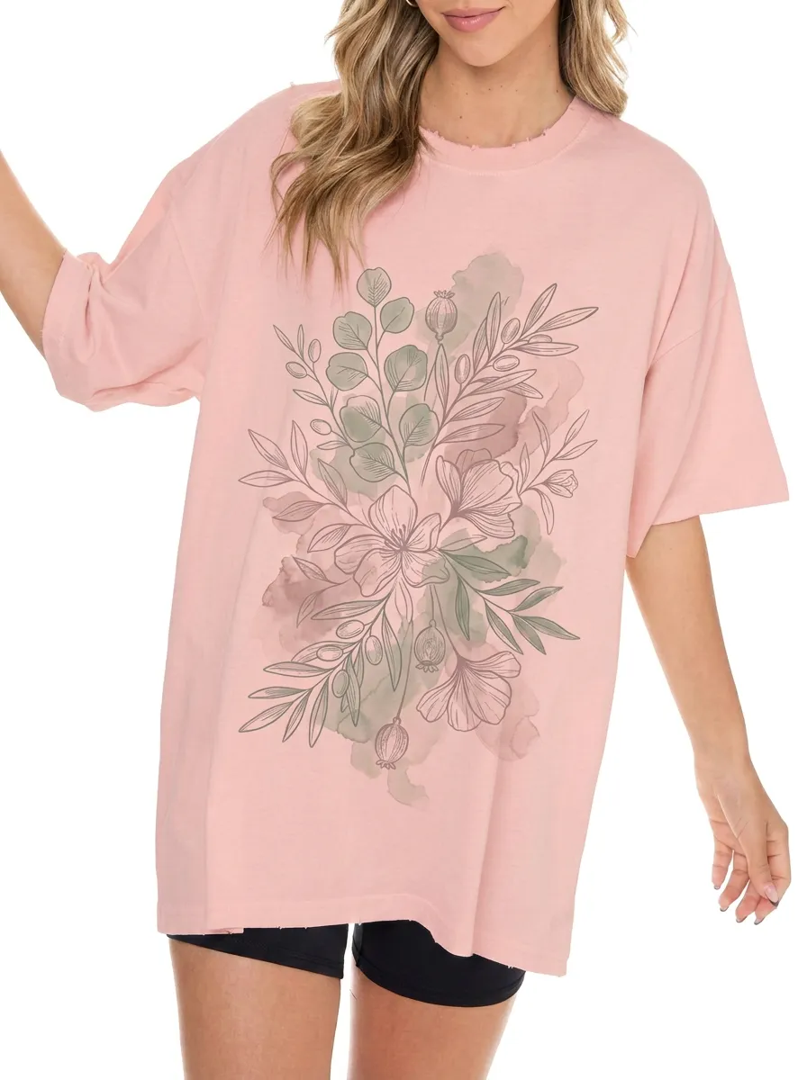 Women's Botanical Nature Lover Watercolor Floral Printed T-shirt