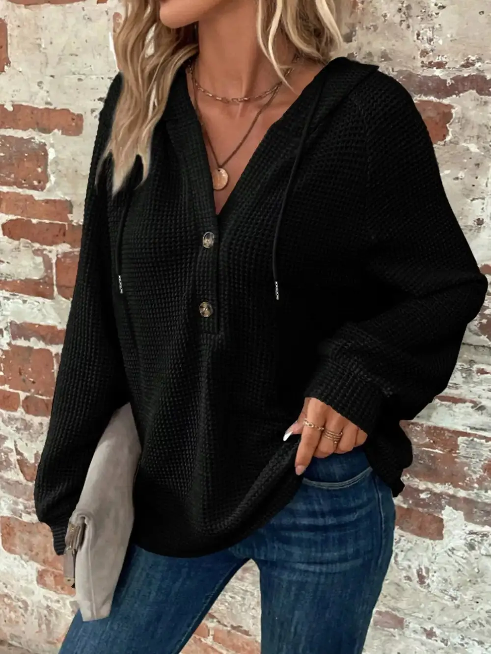 Drawstring Buttoned Pocketed Waffle-Textured Hoodie