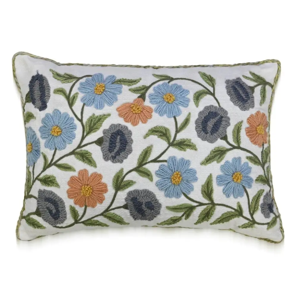 Hand Embroidered Floral Botanical Cotton Lumbar Decorative Cushion Cover