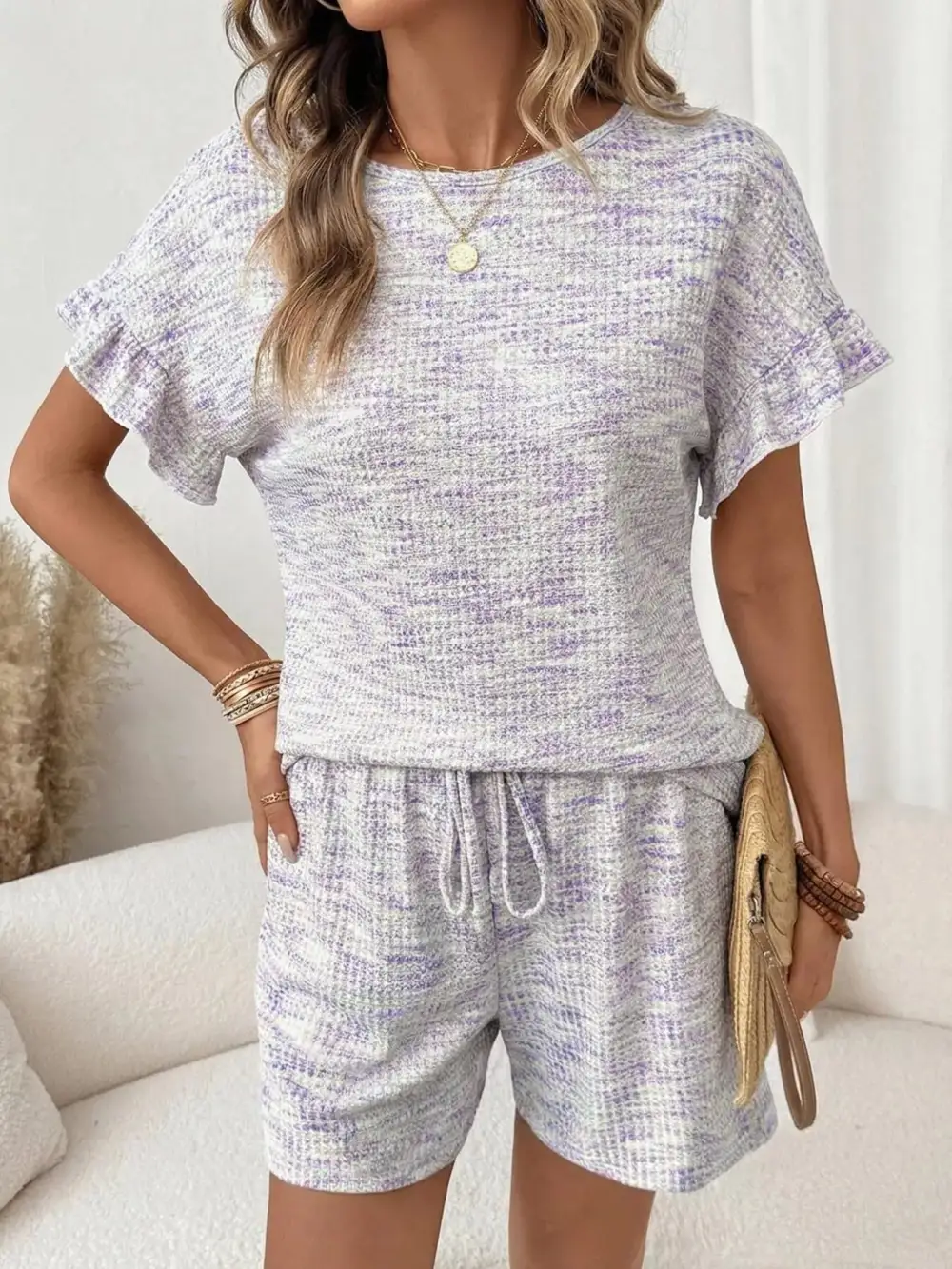 Ruffle Sleeve Textured Top Shorts Set