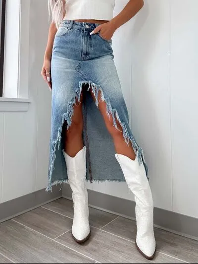 Denim High Rise Raw Hem Pocketed Skirt