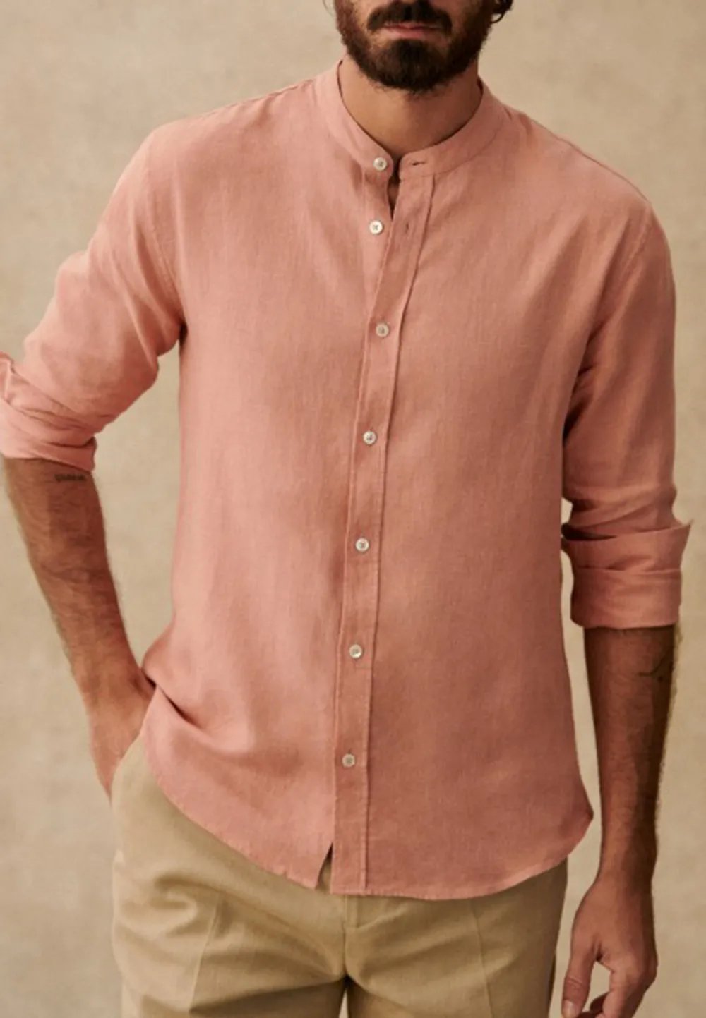 Cream Mandarin Collar Linen Blend Long Sleeve Shirt