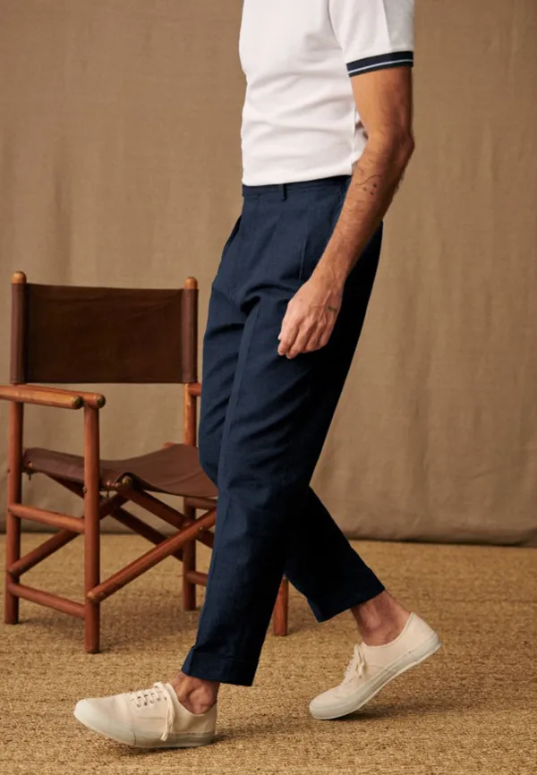 Navy Pleated High Waist Tailored Trousers