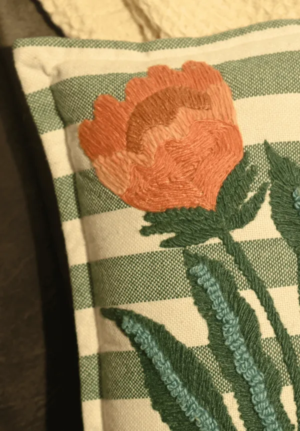 Artisan Embroidered Floral Striped Decorative Cushion Cover