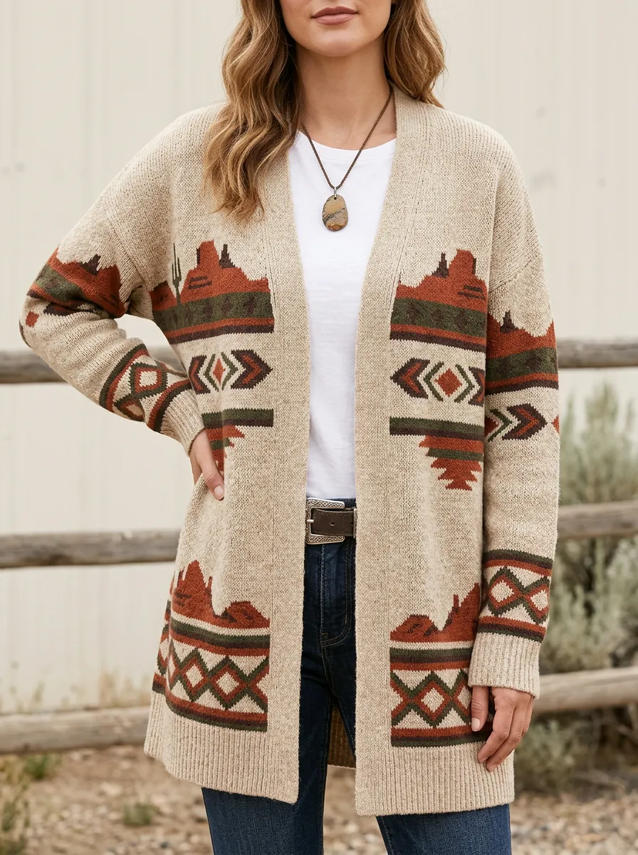 Women's Western Desert Landscape Geometric Pattern Printed Cardigan