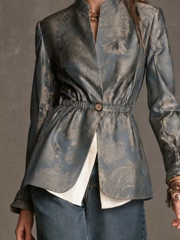 Boho Blue Gray Floral Jacquard Elastic Waist One Button Jacket