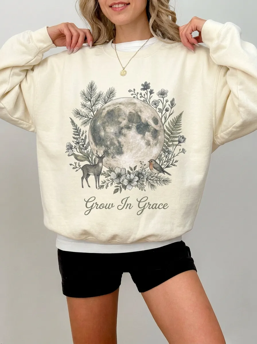 Women's Nature Lover Moon Deer Floral Printed Sweatshirt