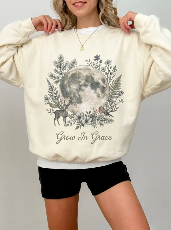 Women's Nature Lover Moon Deer Floral Printed Sweatshirt